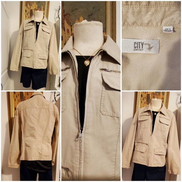 🛍DKNY CITY- WOMEN'S TAN SAFARI /FISHING  CARGO POCKETS JACKET -XL-Hongkong - Picture 1 of 6